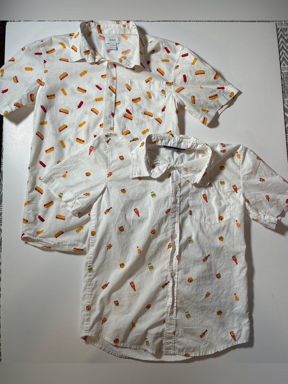Old Navy Boys XL Button Down Shirt Bundle x2 Hot Dog Burger Print Built-In Flex